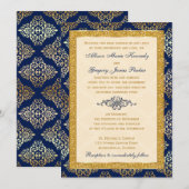 Marine, Ivoor, Gouden Glitter, Damast Bruiloft Uit Kaart (Voorkant / Achterkant)