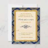 Marine, Ivoor, Gouden Glitter, Damast Floral RSVP- RSVP Kaartje (Voorkant)