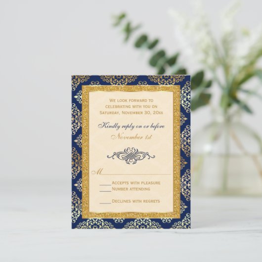 Marine, Ivoor, Gouden Glitter, Damast Floral RSVP- RSVP Kaartje (Staand voorkant)