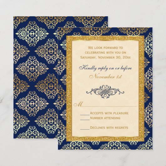 Marine, Ivoor, Gouden Glitter, Damast Floral RSVP- RSVP Kaartje (Voorkant / Achterkant)