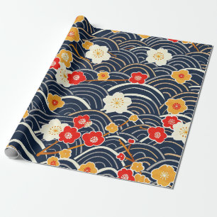 Marine Japanse Golfpluim Bloem Motief Cadeaupapier