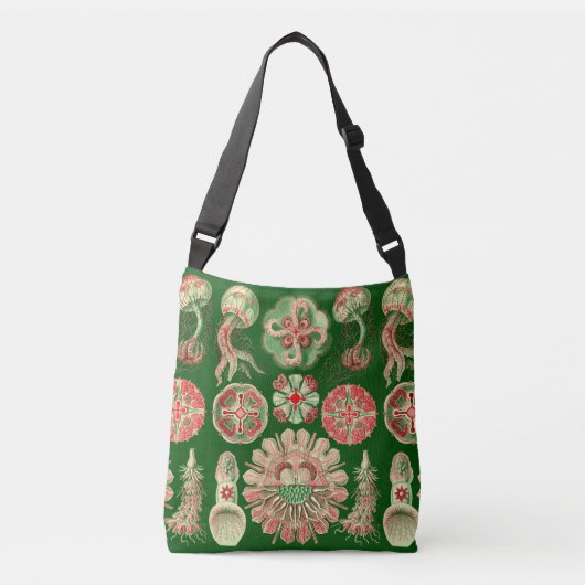 Marine Jellyfish Haeckel Illustratie rood en groen Crossbody Tas (Voorkant)