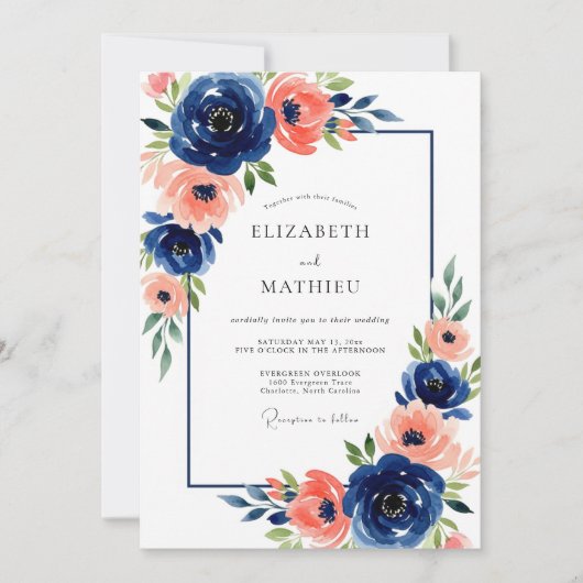 Marine Koraal Bloeiende Bloemen Bruiloft Kaart (Voorkant)