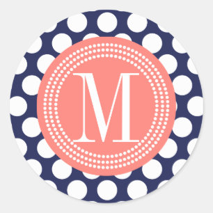 Marine & Koraal Grote Polka Dots Monogram Ronde Sticker