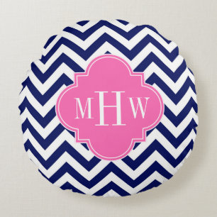 Marine Lg Chevron Heet Roze #2 Quatrefoil 3 Monogr Rond Kussen