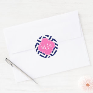 Marine Lg Chevron Heet Roze #2 Quatrefoil 3 Monogr Ronde Sticker