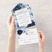 Marine & Licht Stoffig Blauw Bloemen Bruiloft RSVP All In One Uitnodiging (Afscheurbaar)