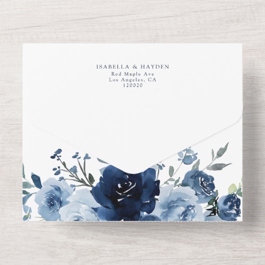 Marine & Licht Stoffig Blauw Bloemen Bruiloft RSVP All In One Uitnodiging (Achterkant)