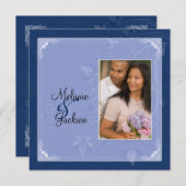 Marine Lichtblauwe Bloemige Krullen Foto Bruiloft Kaart (Voorkant / Achterkant)