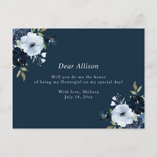 marine lichtblauwe wil je mijn bloemenmeisje kaart (Achterkant)