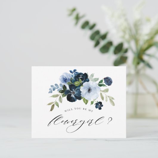 marine lichtblauwe wil je mijn bloemenmeisje kaart (Staand voorkant)