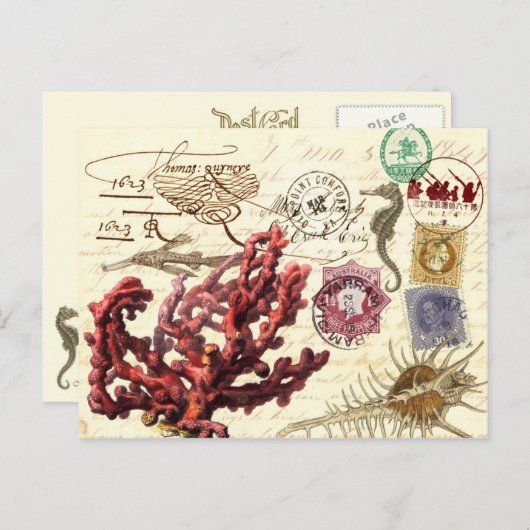 Marine Life Collage met postzegels en postzegels Briefkaart (Voorkant / Achterkant)