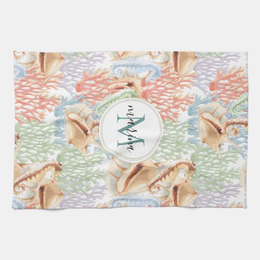 Marine Life, Colorful Underwater Monogram Theedoek (Horizontaal)