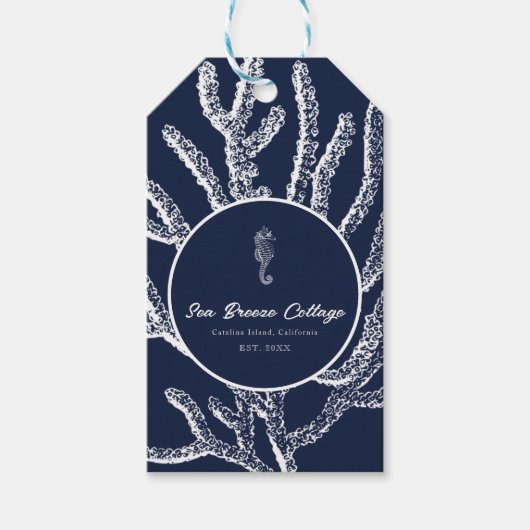 Marine Magic: Blauw & Wit Koraal & Zeepaardje Cadeaulabel (Voorkant)