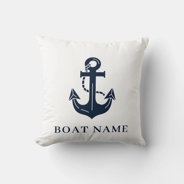 Marine marineblauwe aangepaste bootnaam kussen (Voorkant)