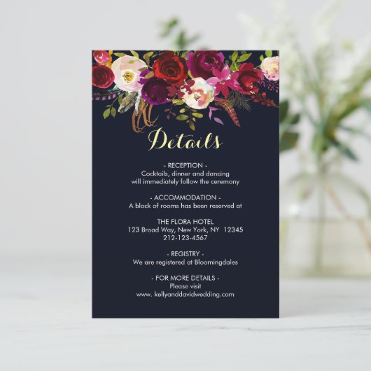 Marine Marsala Bohemian Bloemen Bruiloft Details I Informatiekaartje (Staand voorkant)
