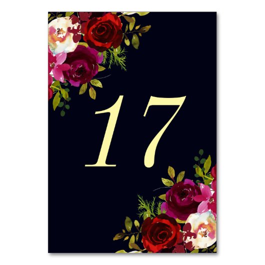 Marine Marsala Boho Bloemen Tafel Nummer Kaart (Achterkant)