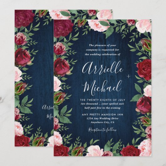 Marine Marsala Country Rustieke Bruiloft Uitnodigi Kaart (Voorkant / Achterkant)