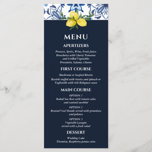 Marine Mediterraan Lemon Italiaans Trouwmenu Menu (Voorkant)