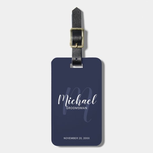 Marine Modern Script Gepersonaliseerde Groomsmen Bagagelabel (Voorkant verticaal)