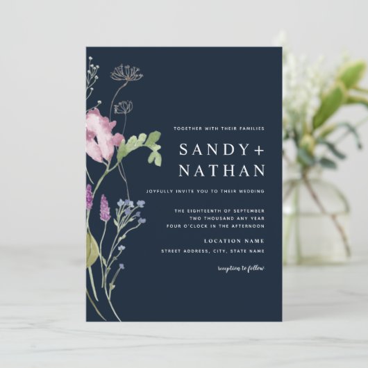 Marine Modern Wildflower bruiloft uitnodiging (Staand voorkant)