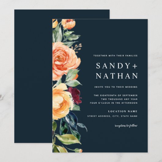 Marine Moderne Bloemen Bruiloft Uitnodiging (Voorkant / Achterkant)