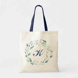 Marine Monogram Waterverf Blauwe Bloemenkrans Tote Bag