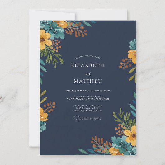 Marine Mosterd Wilde Bloemen Bruiloft Kaart (Voorkant)