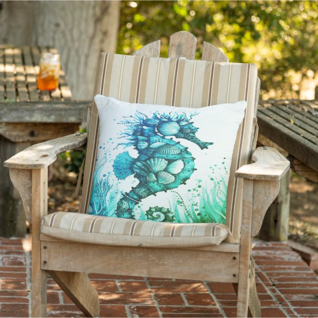 Marine Nautical Seahorse Aqua Beach Decor Modern Buitenkussen (Stoel)