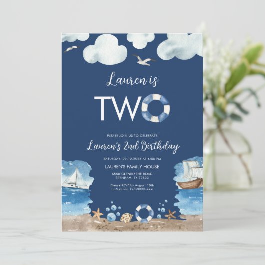 Marine Nautical Twee Tweede Verjaardag Uitnodiging (Staand voorkant)