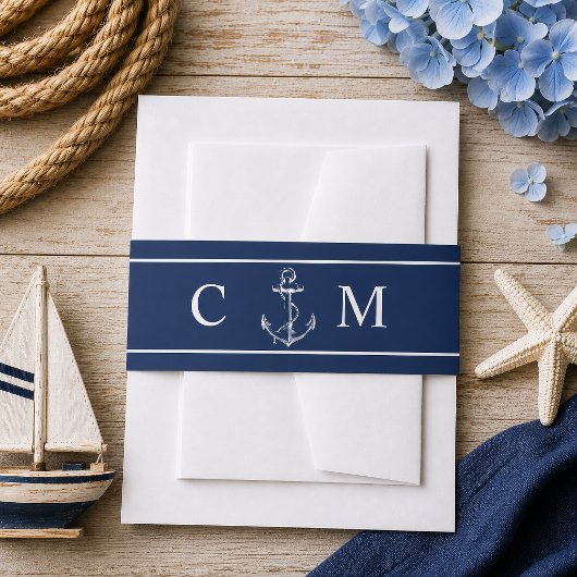 Marine nautisch monogram witte anker bruiloft uitnodigingen wikkel