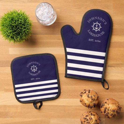 Marine nautische aangepaste naam ovenwant & pannenlap set (Top down)