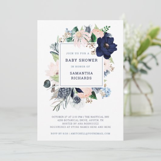 Marine nautische bloemen en strepen | Baby Shower Kaart (Staand voorkant)