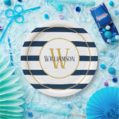 Marine Nautische Strepen Monogram Naam Papieren Bordje (Feest)