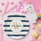 Marine Nautische Strepen Monogram Naam Papieren Bordje (Feest)