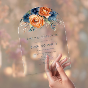 Marine Oranje Bruine Bloemen Bruiloft Avondfeest Acryl Uitnodigingen