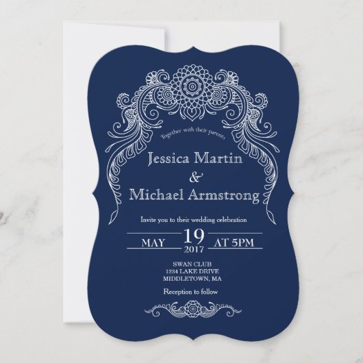 Marine paisley scroll ontwerp bruiloft uitnodiging (Voorkant)
