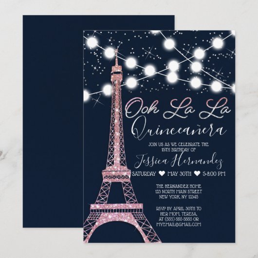 Marine Parijs Eiffeltoren glitterlichten Quinceañe Kaart (Voorkant / Achterkant)