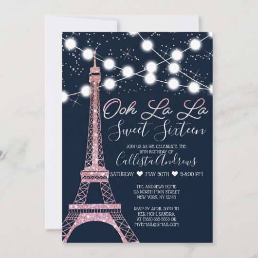 Marine Parijs Eiffeltoren glitterlichten Sweet 16 Kaart (Voorkant)