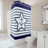 Marine Pattern Blue White Zee and Nautical Anchor Douchegordijn (In situ)