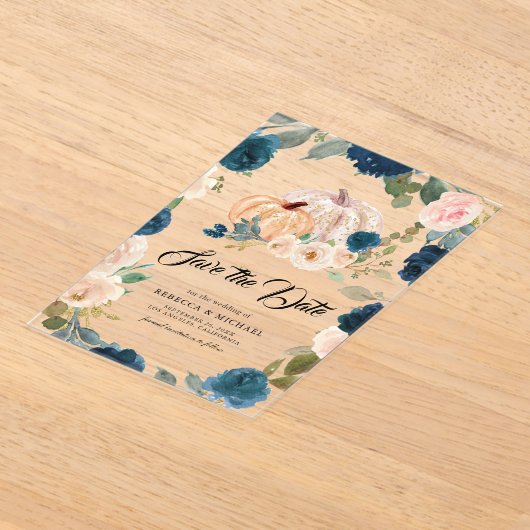 Marine Perzik Bloemen Pompoen bruiloft Save the Da Acryl Uitnodigingen (Laagn)