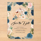 Marine Perzik Bloemen Pompoen bruiloft Save the Da Acryl Uitnodigingen (Voorkant)