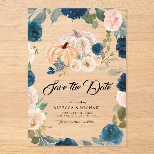 Marine Perzik Bloemen Pompoen bruiloft Save the Da Acryl Uitnodigingen (Voorkant)