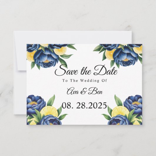 Marine pioen citrus geschilderd bloemen bruiloft save the date (Voorkant)