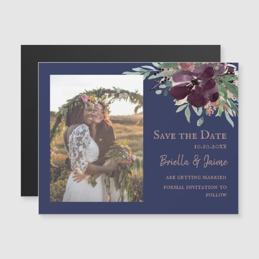 Marine Pruimroze Bloemige Trouwfoto Save the Date Magnetische Uitnodiging (Voorkant / Achterkant)