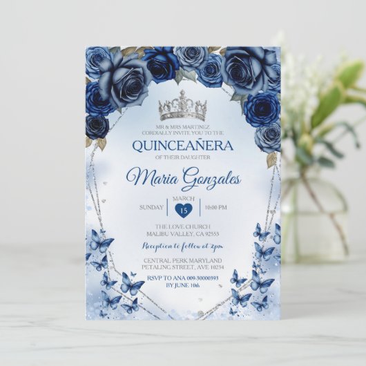 Marine Quinceañera Zilveren Kroon Vlinder 15 Anos Kaart (Staand voorkant)