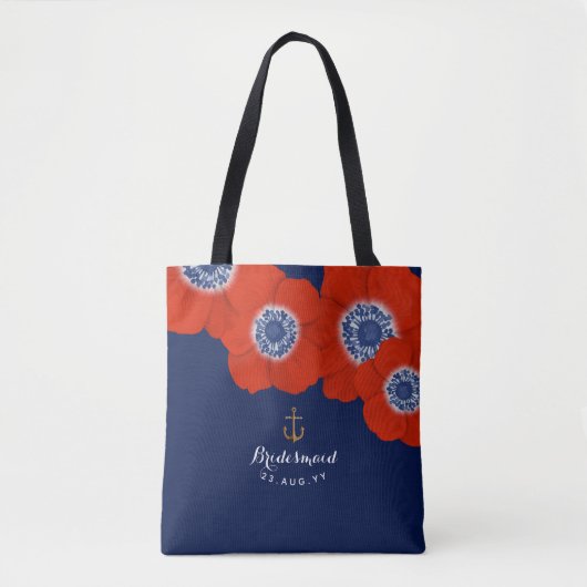 Marine & Rode Anemonen Nautische Bruidsfeest Tote Bag (Voorkant)