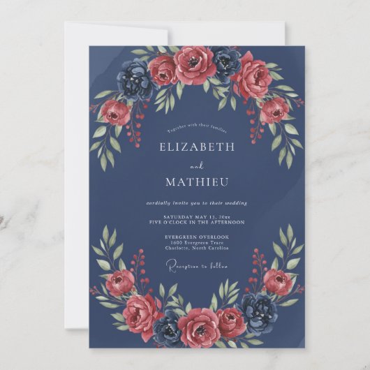 Marine Romantische Bloemenslinger Bruiloft Kaart (Voorkant)