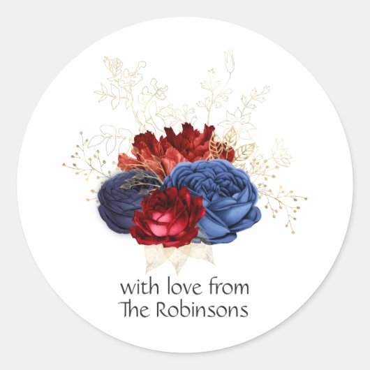Marine, Rood en Gouden Bloem Ronde Sticker (Voorkant)