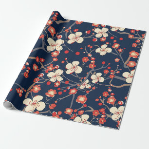 Marine Rood Kersenbloesem Japanse Bloemmotief Cadeaupapier
